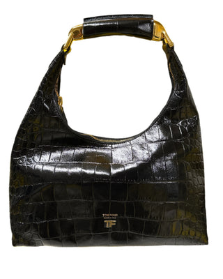 Tom Ford Croc-Embossed Leather Crescent Shoulder Bag with Gold-Tone Handle