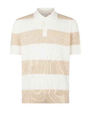 Brunello Cucinelli Textured Striped Knit Polo Shirt in Sand