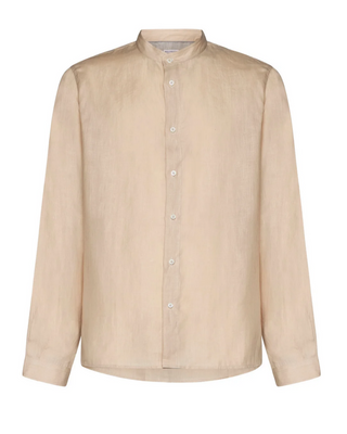 Brunello Cucinelli Linen Band-Collar Shirt in Sand