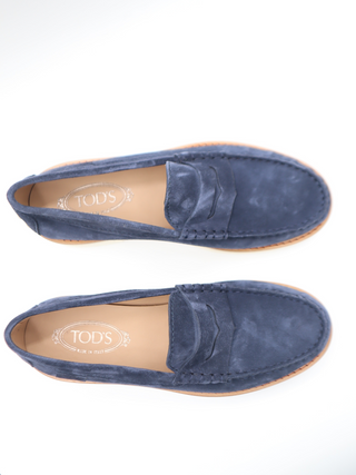 Tods Navy Suede Rubber Sole Moccasin Loafers