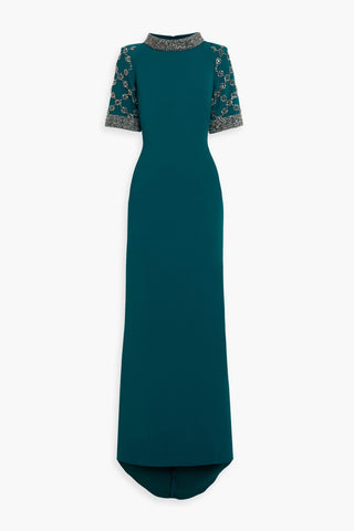 BADGLEY MISCHKA CRYSTAL-EMBELLISHED CREPE GOWN - Size 8