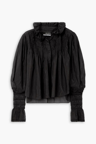 ISABEL MARANT GINETTE LACE-TRIMMED RUFFLED COTTON AND SILK-BLEND BLOUSE - Size 34