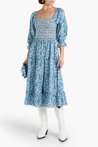 LOVESHACKFANCY MINNIE TIERED SMOCKED FLORAL-PRINT COTTON-POPLIN MIDI DRESS - Size XXS