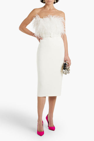 BADGLEY MISCHKA STRAPLESS FEATHER-EMBELLISHED SCUBA MIDI DRESS - Size 6