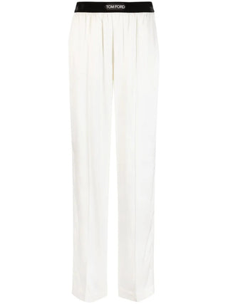 Tom Ford Cotton Blend Wide-Leg Trousers with Logo Waistband White