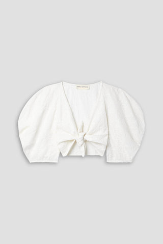 MARA HOFFMAN NAVYA CROPPED TIE-FRONT EMBROIDERED COTTON-VOILE TOP - Size M
