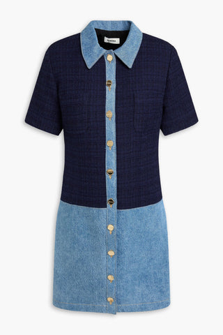 SANDRO DENIM-PANELED TWEED MINI SHIRT DRESS - Size 38