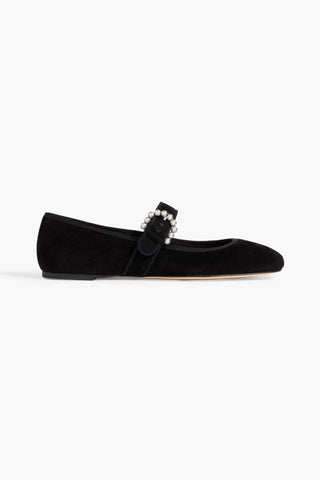 STUART WEITZMAN PIPER FAUX PEARL-EMBELLISHED SUEDE MARY JANE FLATS - Size 8