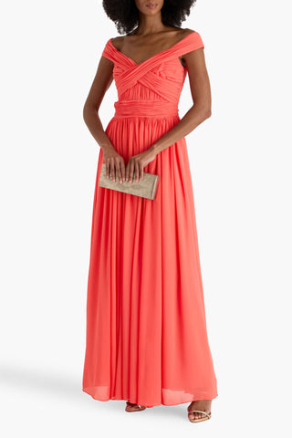 BADGLEY MISCHKA OFF-THE-SHOULDER PINTUCKED GEORGETTE GOWN - Size 6