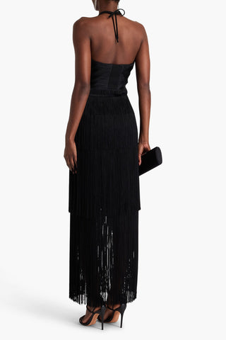 SIMKHAI BALDWIN FRINGED DRAPED CREPE HALTERNECK MAXI DRESS - Size 6