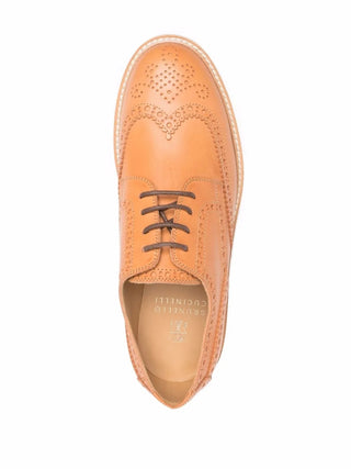 Brunello Cucinelli Tan Leather Wingtip Brogue Derby Shoes with Contrast Sole