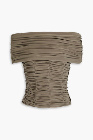 TIBI OFF-THE-SHOULDER CONVERTIBLE RUCHED JERSEY TOP - Size 8