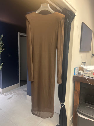 Tom Ford Structured Shoulder Long-Sleeve Dark Brown Midi Dress
