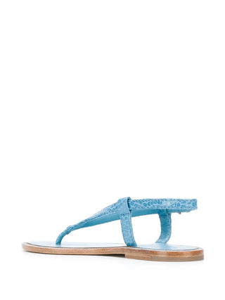 Brunello Cucinelli Embossed Leather T-Strap Flat Sandals Light Blue