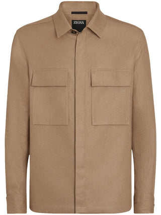 Zegna Felted Wool Point-Collar Overshirt Brown
