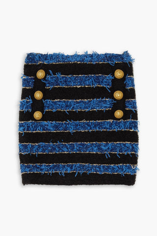 BALMAIN BUTTON-EMBELLISHED STRIPED METALLIC BOUCL MINI SKIRT - Size 34