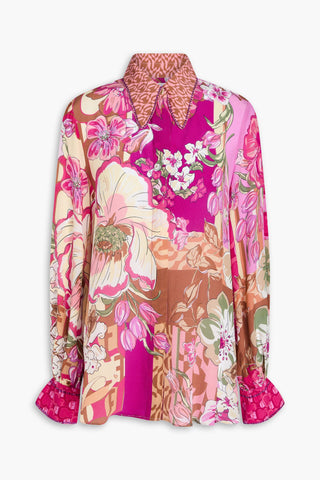CAMILLA CRYSTAL-EMBELLISHED FLORAL-PRINT SILK CREPE DE CHINE BLOUSE - Size M