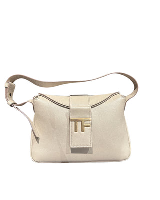 Tom Ford TOM FORD Pebbled Leather TF Logo Flap Shoulder Bag Beige