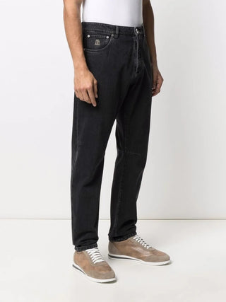 Brunello Cucinelli Washed Dark Grey Tapered Denim Jeans