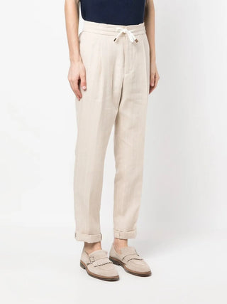 Brunello Cucinelli Pinstriped Linen Blend Drawstring Cuffed Trousers Beige