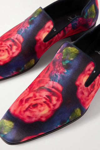 CHRISTIAN LOUBOUTIN DANDY CHICK GROSGRAIN-TRIMMED FLORAL-PRINT SATIN LOAFERS - Size 44