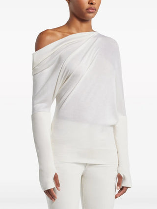 Tom Ford Fine-Knit Draped Off-Shoulder Top with Thumbholes