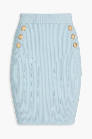 BALMAIN BUTTON-EMBELLISHED RIBBED-KNIT MINI SKIRT - Size 34
