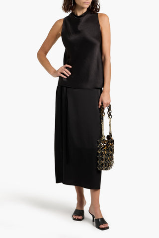 VINCE WRAP-EFFECT VELVET-TRIMMED SATIN-CREPE MIDI SKIRT - Size 6
