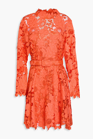 OSCAR DE LA RENTA BELTED CUTOUT GUIPURE LACE MINI DRESS - Size 2