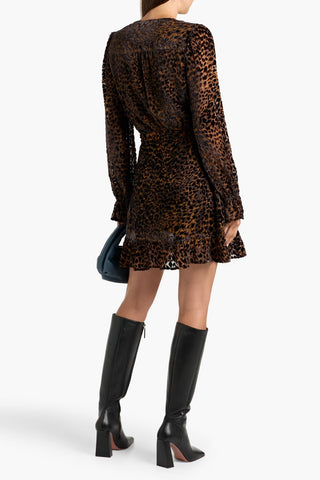 PAIGE YSABEL RUFFLED LEOPARD-PRINT DEVOR-VELVET MINI DRESS - Size 6