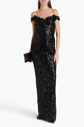 MARCHESA NOTTE OFF-THE-SHOULDER SEQUINED GUIPURE LACE GOWN - Size 14
