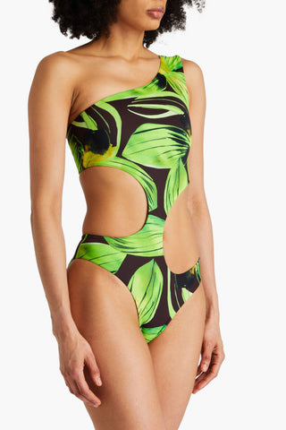 LOUISA BALLOU CARVE ONE-SHOULDER CUTOUT PRINTED SWIMSUIT - Size S