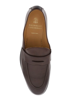 Brunello Cucinelli Smooth Leather Penny Loafers Dark Brown