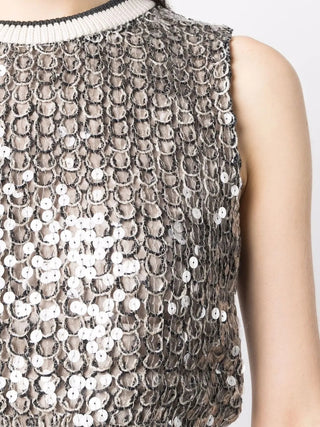 Brunello Cucinelli Sequined Mesh Sleeveless Vest with Ribbed Neck