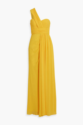 BADGLEY MISCHKA ONE-SHOULDER DRAPED CHIFFON GOWN - Size 8