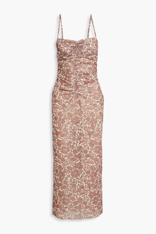 BEC & BRIDGE PRIYA RUCHED FLORAL-PRINT STRETCH-MESH MIDI DRESS - Size 6
