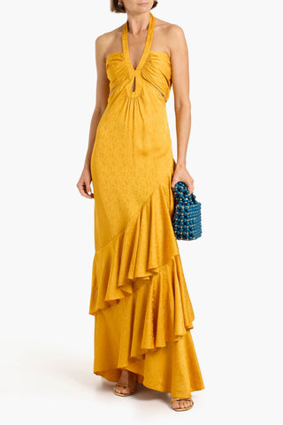 JOHANNA ORTIZ BALLADIST TIERED SATIN-JACQUARD HALTERNECK MAXI DRESS - Size 2