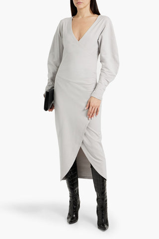 IRO ROKAH WRAP-EFFECT FRENCH COTTON-BLEND TERRY MIDI DRESS - Size L