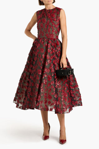 OSCAR DE LA RENTA FLARED FIL COUP CHIFFON MIDI DRESS - Size 8