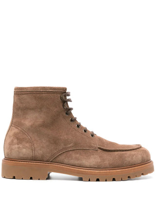 Brunello Cucinelli Chestnut Suede Moc-Toe Lace-Up Ankle Boots