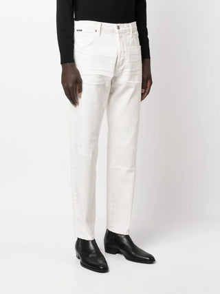 Tom Ford Cotton White Straight-Leg Jeans with Distressed Details