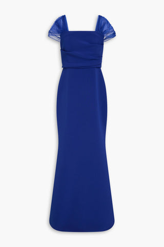 BADGLEY MISCHKA TULLE-TRIMMED DRAPED CREPE GOWN - Size 4