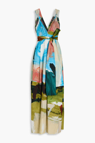 OSCAR DE LA RENTA BELTED PRINTED COTTON-POPLIN MAXI DRESS - Size 10