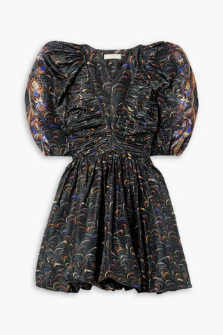 ULLA JOHNSON GWEN PRINTED RUCHED TAFFETA MINI DRESS - Size 4