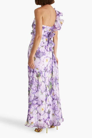 BADGLEY MISCHKA ONE-SHOULDER RUFFLED FLORAL-PRINT CREPON MAXI DRESS - Size 4