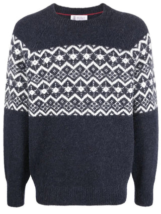 Brunello Cucinelli Fuzzy Knit Jacquard Crew-Neck Sweater in Blue