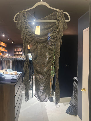 Tom Ford Gold Metallic Mesh Ruched Long-Sleeve Top