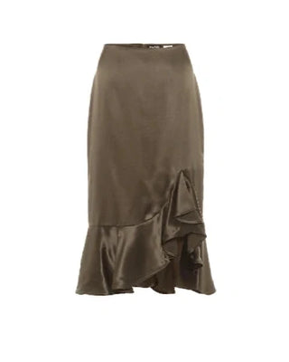 Tom Ford Satin Asymmetrical Ruffled Midi Skirt Green