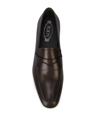 Tods Polished Leather Penny Loafers in Brown