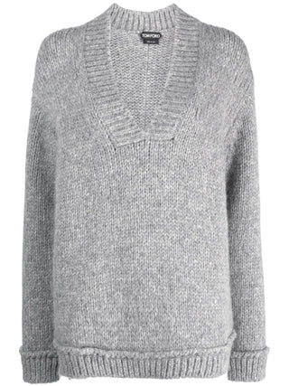 Tom Ford Bouclé Knit Deep V-Neck Sweater Grey